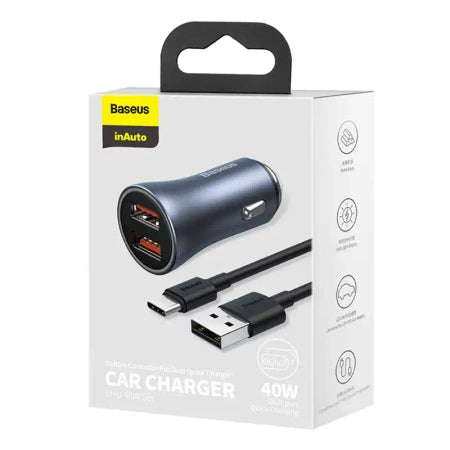 Încărcător auto Baseus Golden Contactor Pro 40W cu două porturi USB și cablu USB la USB C 1m - EVOMAR - Gadgeturi pentru tine.